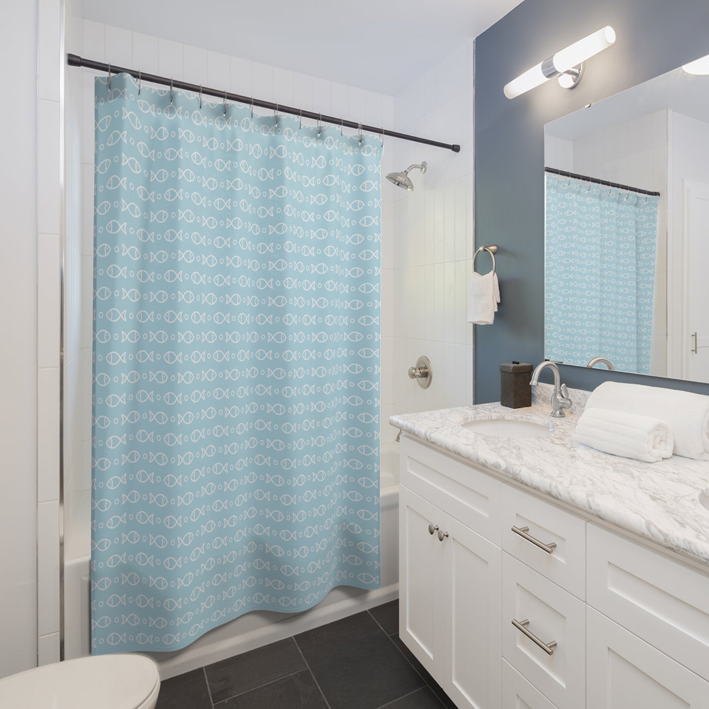 Fish Pattern Shower Curtain — Light Blue Nautical Bathroom Décor