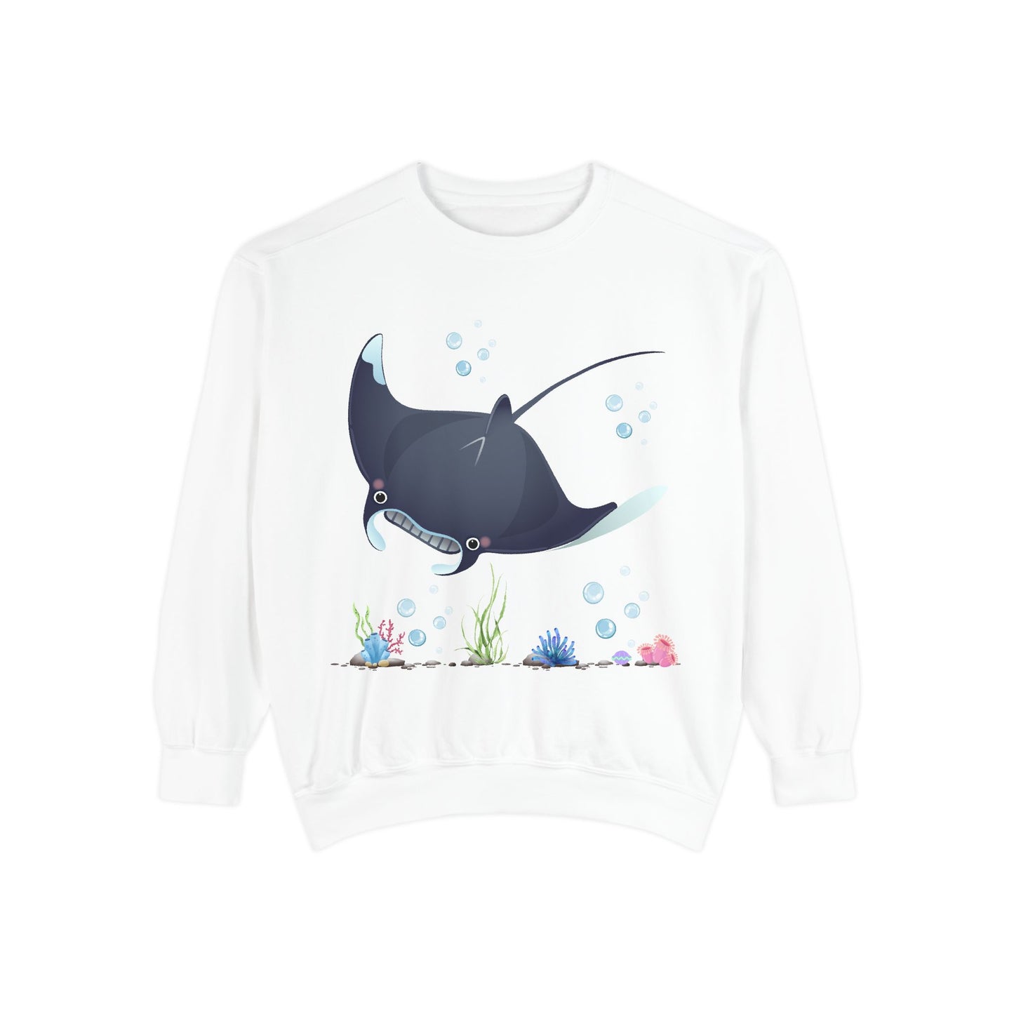 Manta ray with bubbles and coral reef Unisex Garment-Dyed Sweatshirt