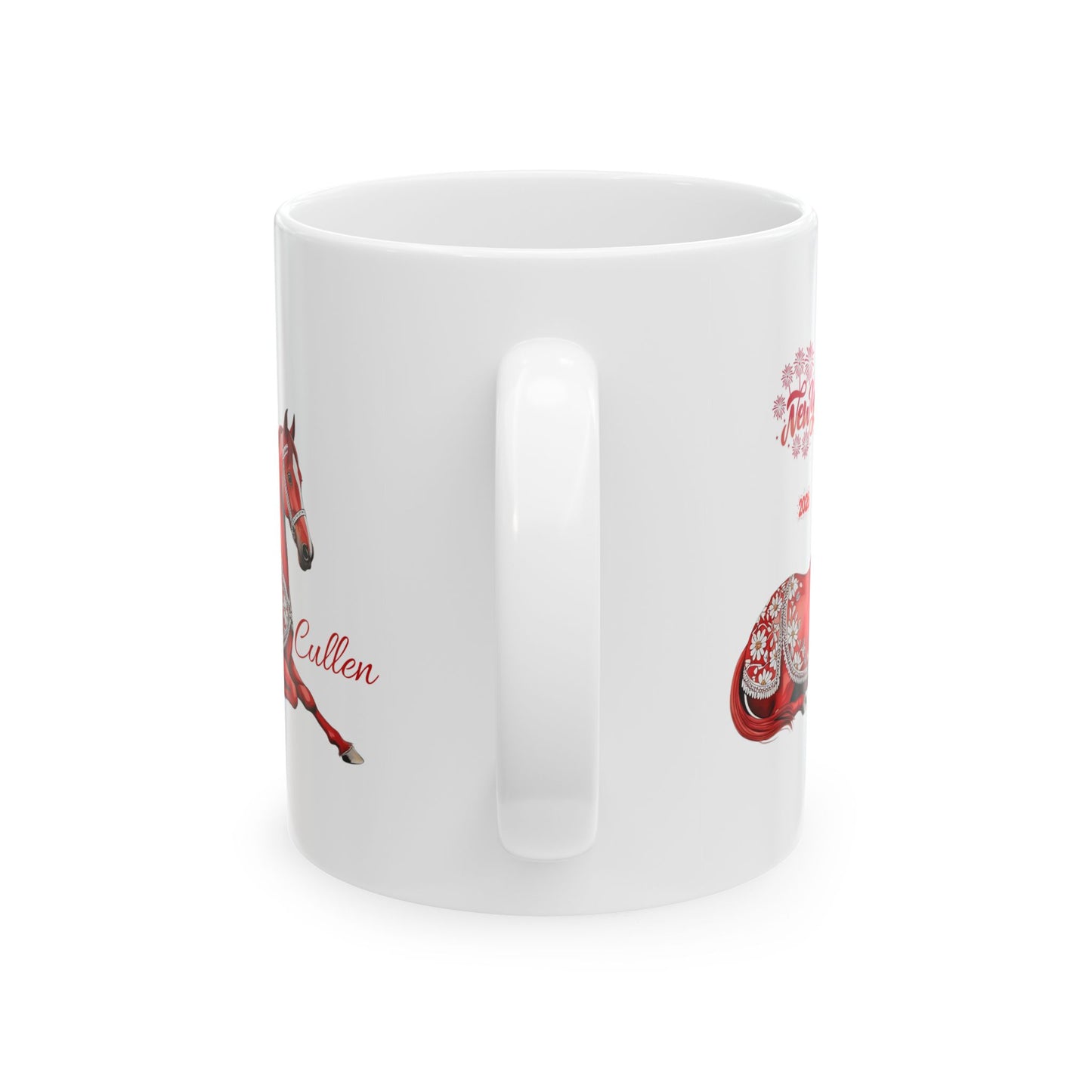 Personalized Red Horse Ceramic Mug — Floral Horse Illustration, Custom Name Option (11oz & 15oz)