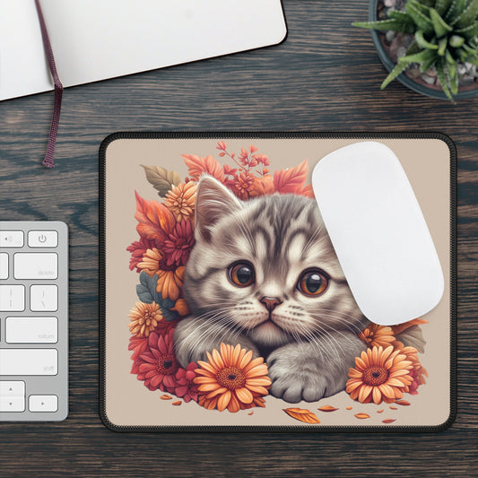 Cute Kitten Floral Gaming Mouse Pad — Adorable Gray Cat with Orange Flowers