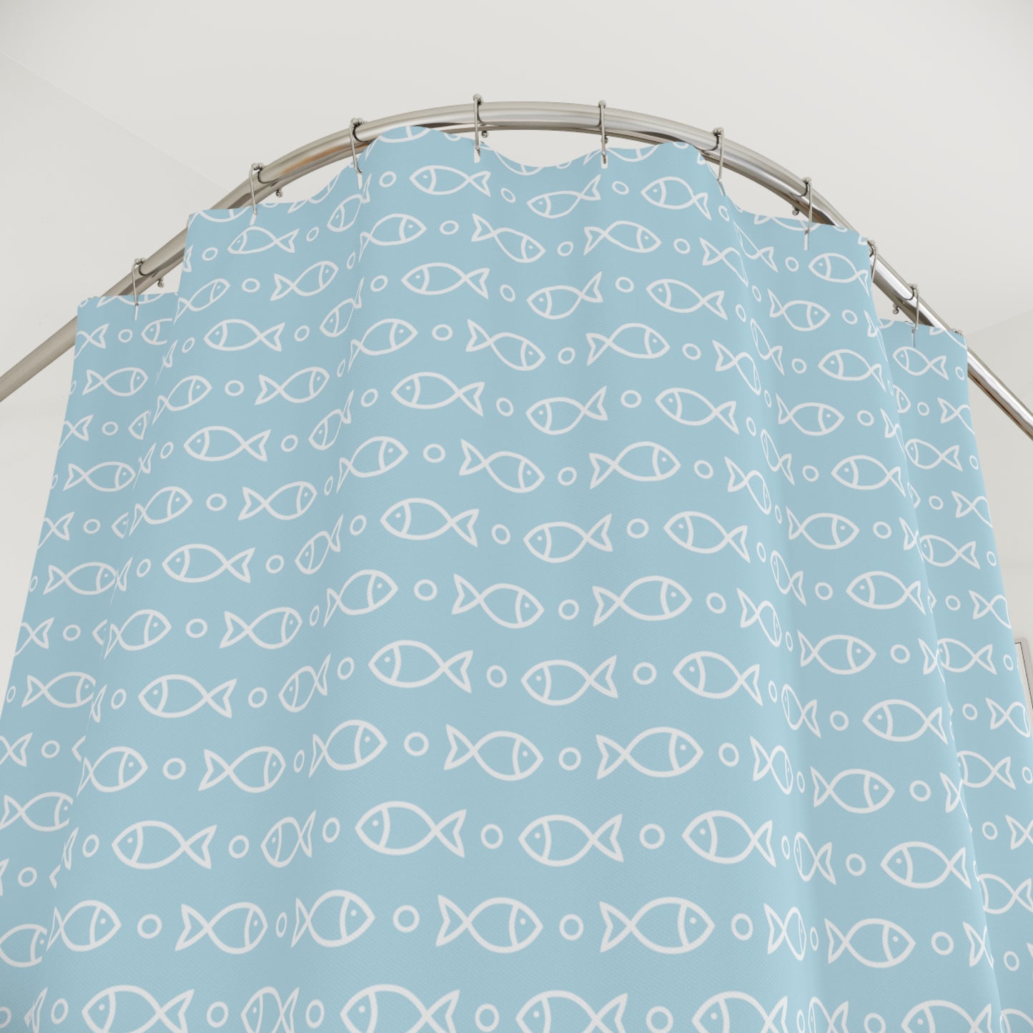 Fish Pattern Shower Curtain — Light Blue Nautical Bathroom Décor