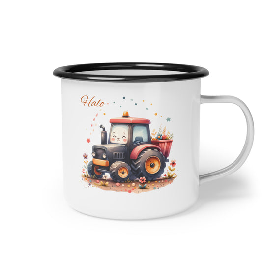 Cute Farm Tractor Enamel Camp Cup — Rustic Camping Mug with Smiling Tractor Design