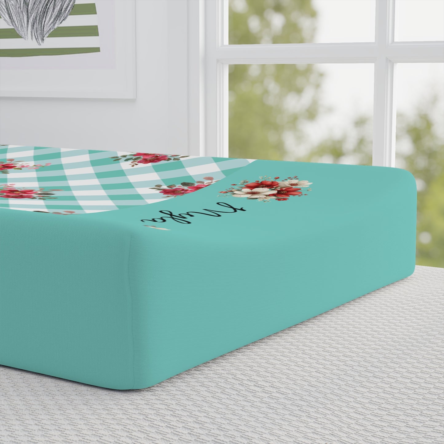 Aqua Gingham Floral Baby Changing Pad Cover — Personalized Name Option