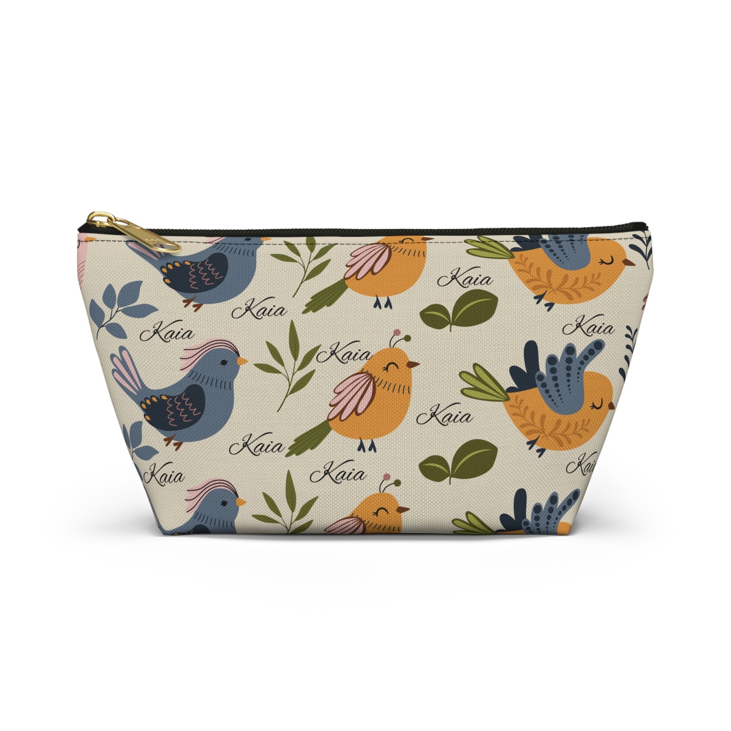 Bird Pattern Accessory Pouch — Personalized "Kaia" Cosmetic Bag