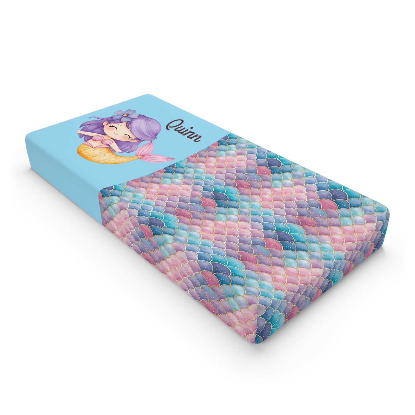 Personalized Mermaid Baby Changing Pad Cover — Pastel Scales, Name Customizable