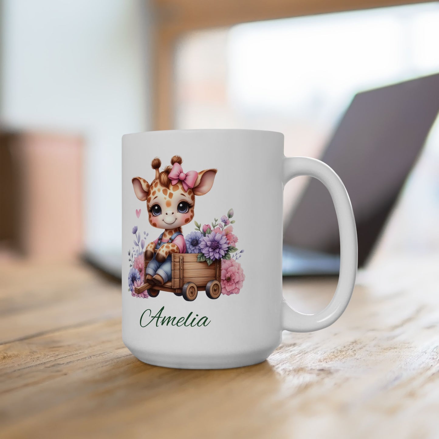 Giraffe Floral Ceramic Mug – Cute Baby Giraffe with Flowers (11oz & 15oz)