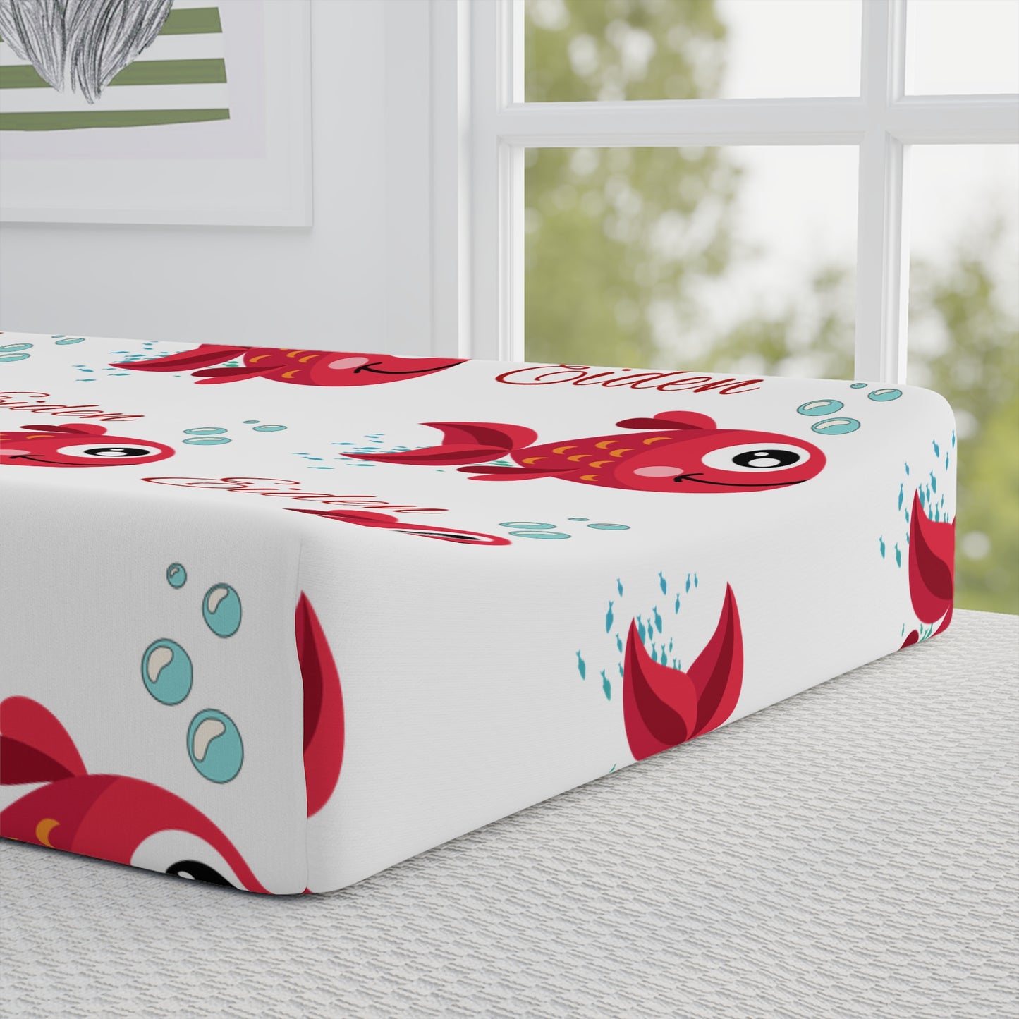 Changing Pad Cover — Cute Red Fish Personalized Baby Nursery Decor