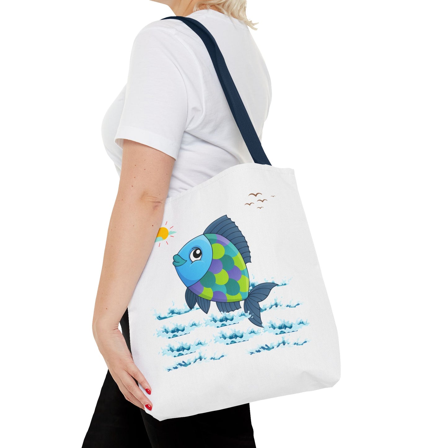 Fish with a sun and birds in the sky above water Tote Bag