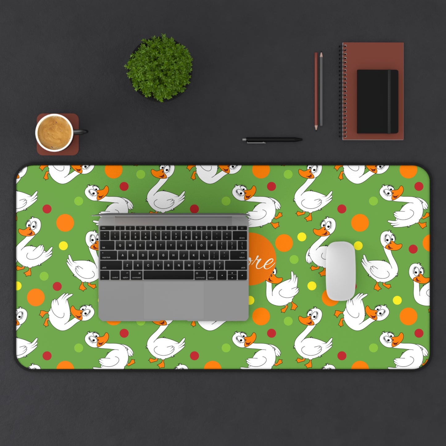 Swans & Dots Personalized Desk Mat — Custom Name Green Mouse Pad