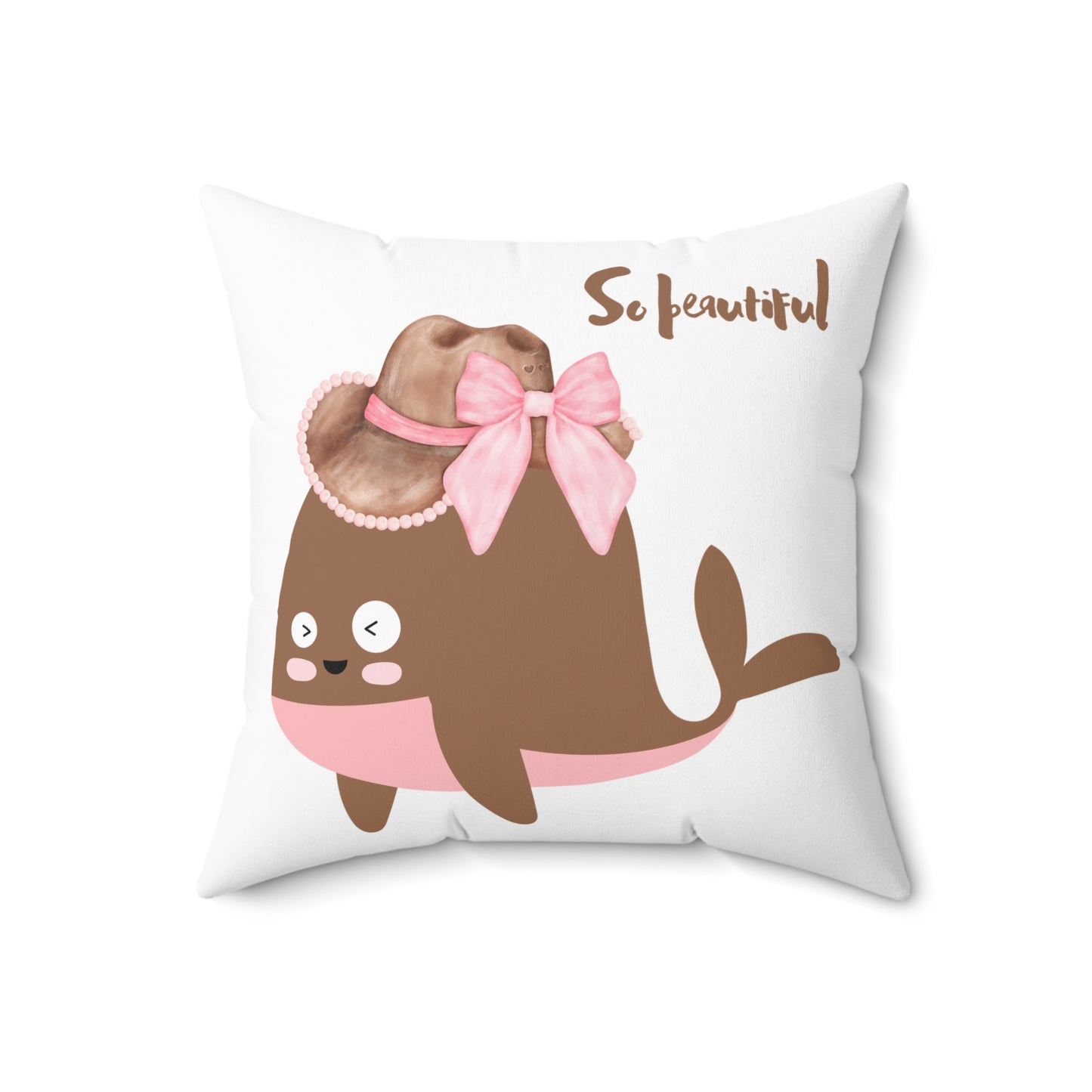 Whale wearing a cowboy hat with a pink bow Spun Polyester Square Pillow