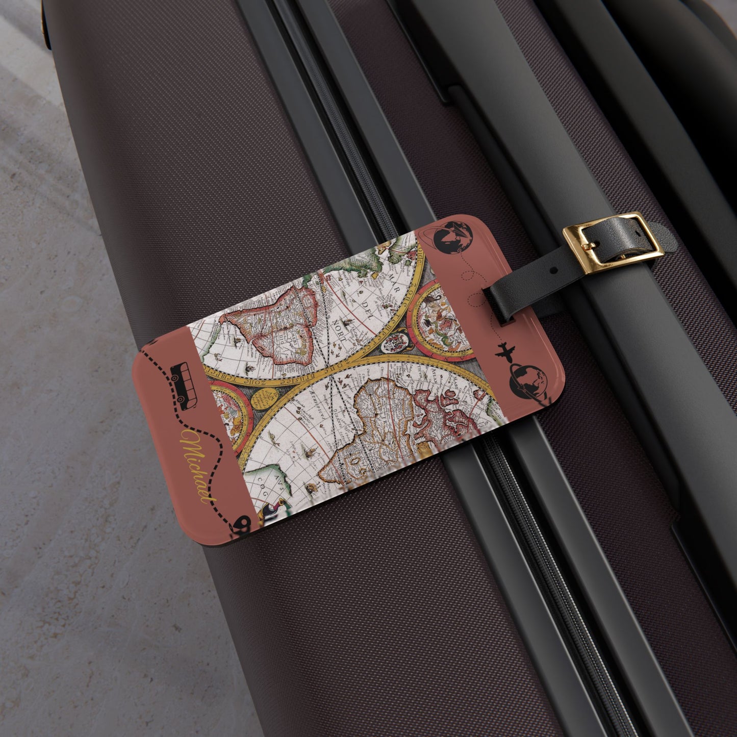 Vintage World Map Luggage Tag — Personalized Travel ID