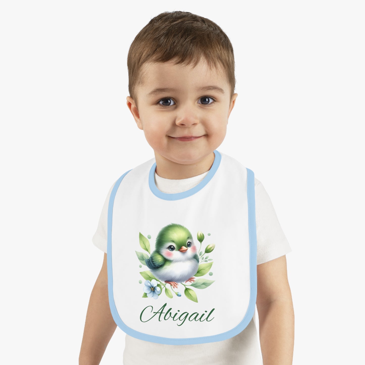 Personalized Baby Bib — Green Watercolor Bird with Name