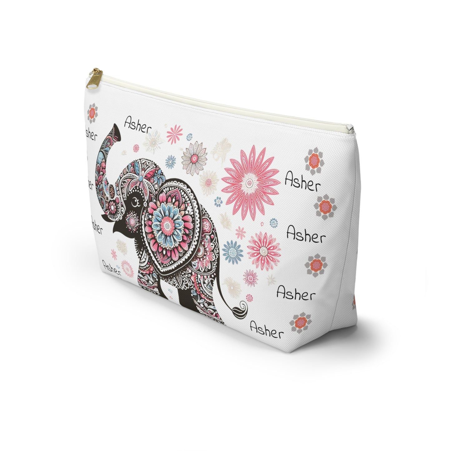 Personalized Elephant Accessory Pouch — Floral T-Bottom Makeup Bag