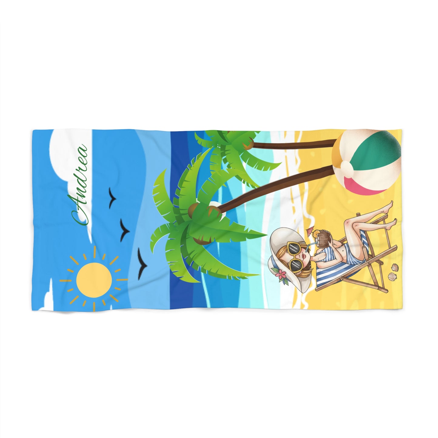 Personalized Tropical Beach Towel - 'Andrea' Sunny Palm Tree & Relaxing Lounger Design
