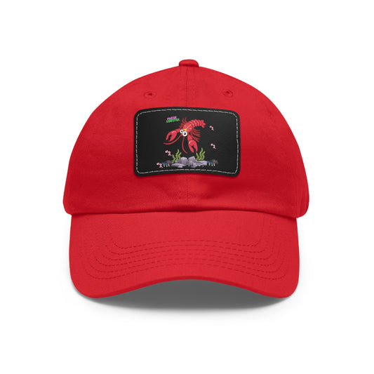 Friendly red lobster big eyes and yellow strip Dad Hat with Leather Patch (Rectangle)