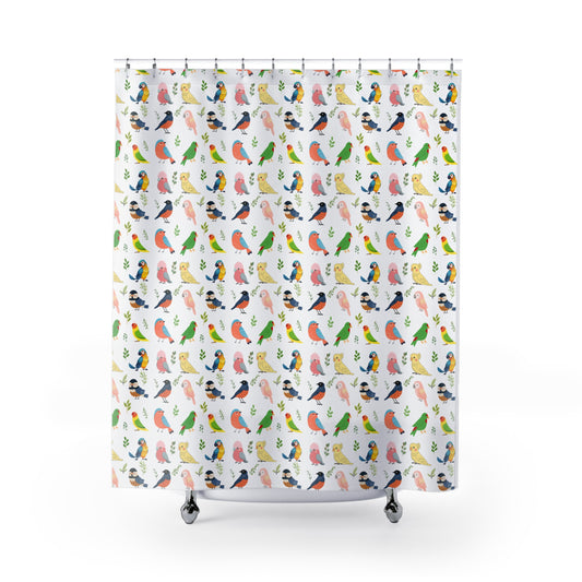 Bird Pattern Shower Curtain — Colorful Watercolor Parakeet & Finch Bathroom Decor