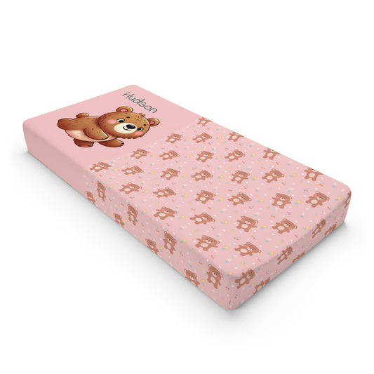 Baby Changing Pad Cover – Pink Teddy Bear Pattern with Personalized Name