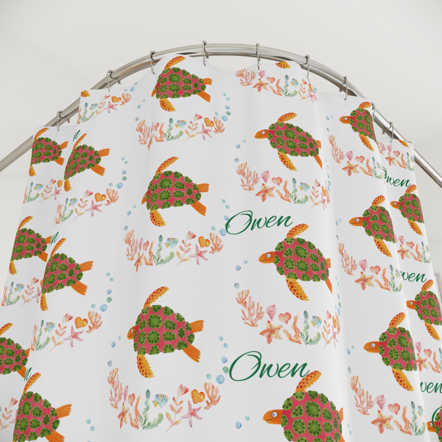 Sea Turtle Shower Curtain — Floral Ocean Pattern with "Owen" Name