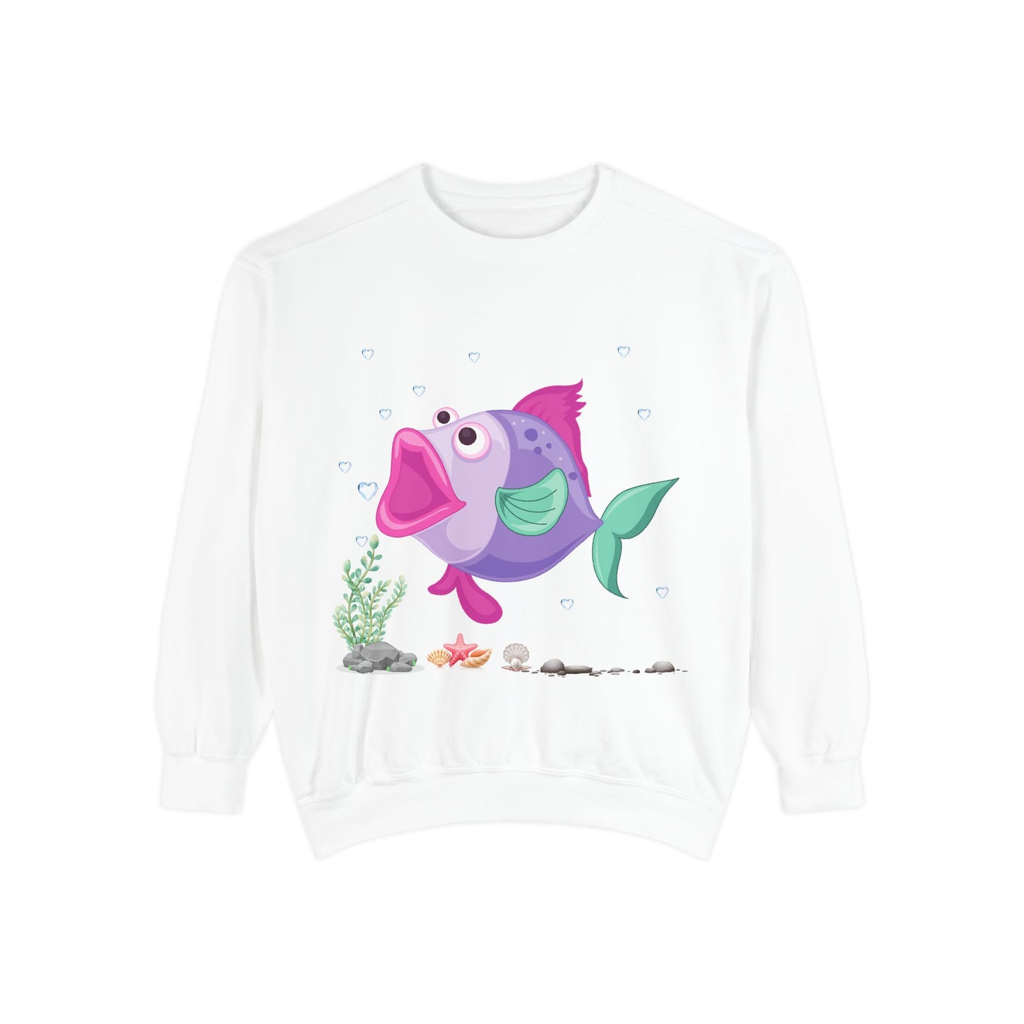 Fish with open mouth bubbles and underwater flora Unisex Garment-Dyed Sweatshirt