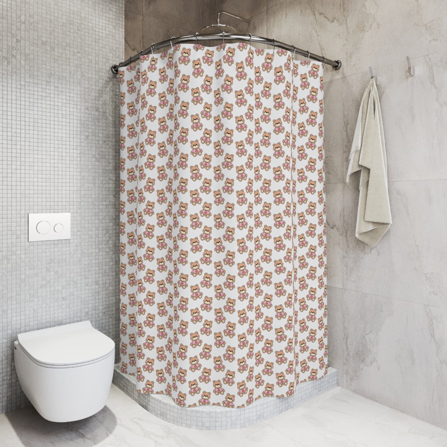 Cute Pink Teddy Bear Pattern Shower Curtain — Playful Nursery Bathroom Décor