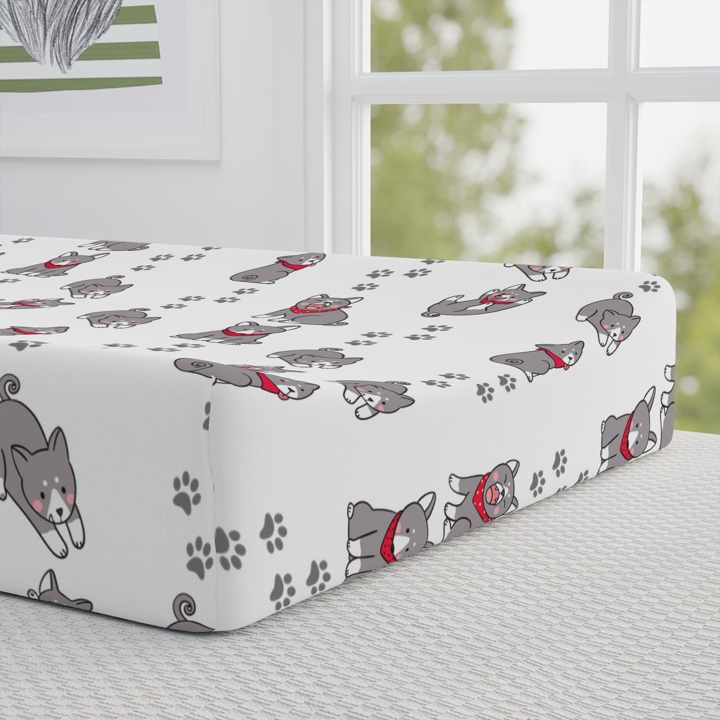 Changing Pad Cover — Cute Grey Puppy Pattern with Red Bandana