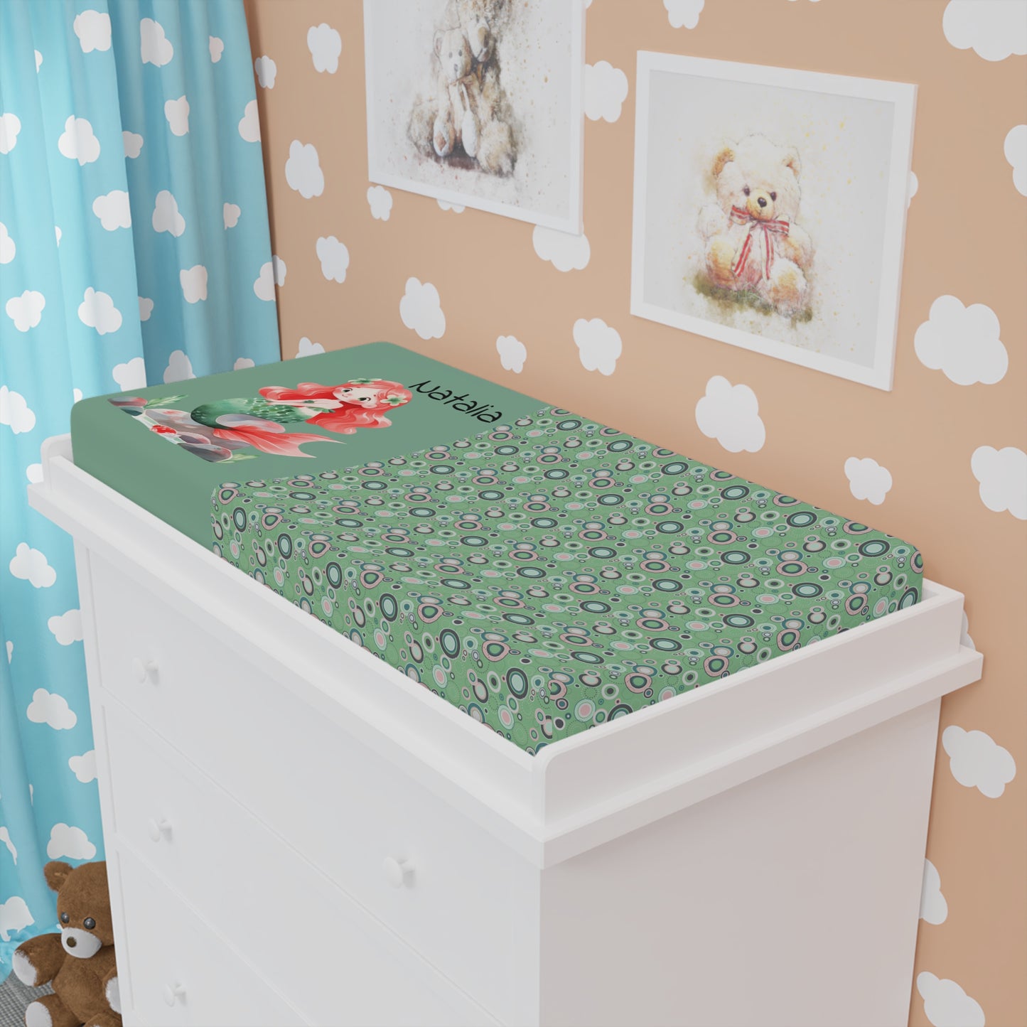 Baby Changing Pad Cover – Green Floral & Red Fox Nursery Print