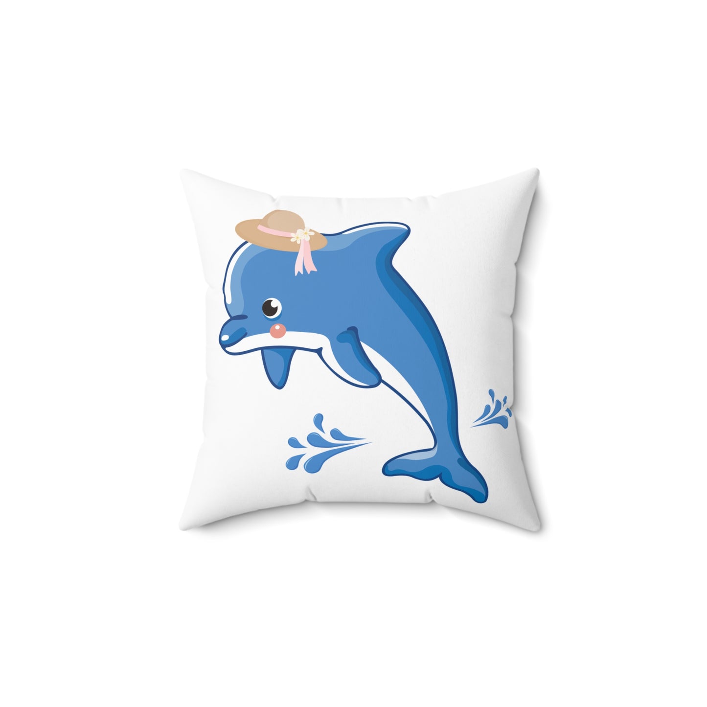 Dolphin wearing a straw hat with stylized water splashes Spun Polyester Square Pillow