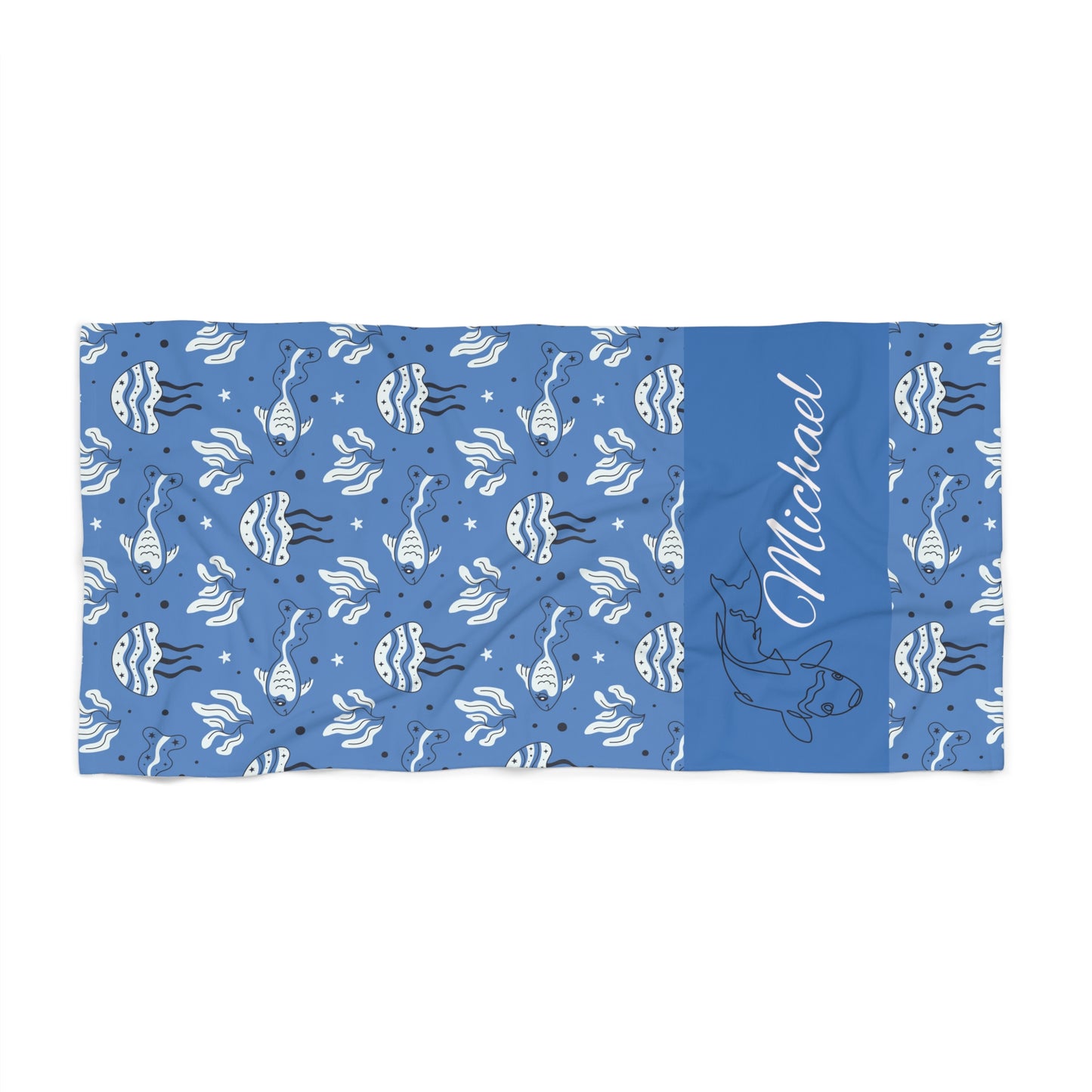 Personalized Blue Fish Beach Towel – Custom Name Coastal Cotton Towel