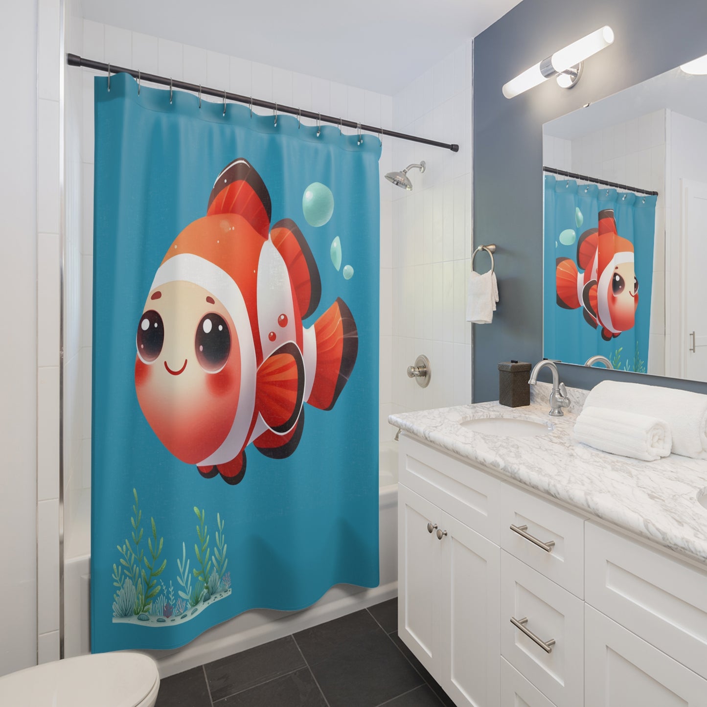 Cute Clownfish Shower Curtain — Kids Bathroom Ocean Theme