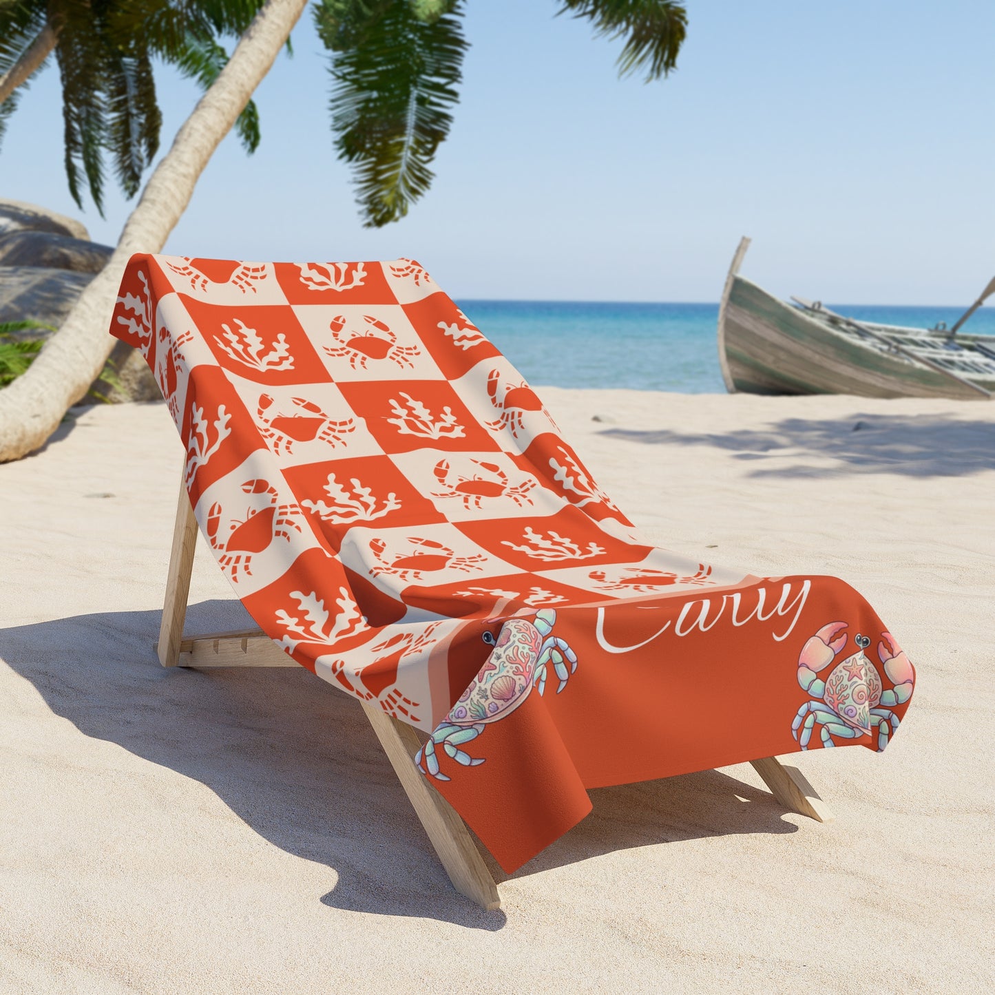 Personalized Coastal Crab Beach Towel — Nautical Orange Plaid Design