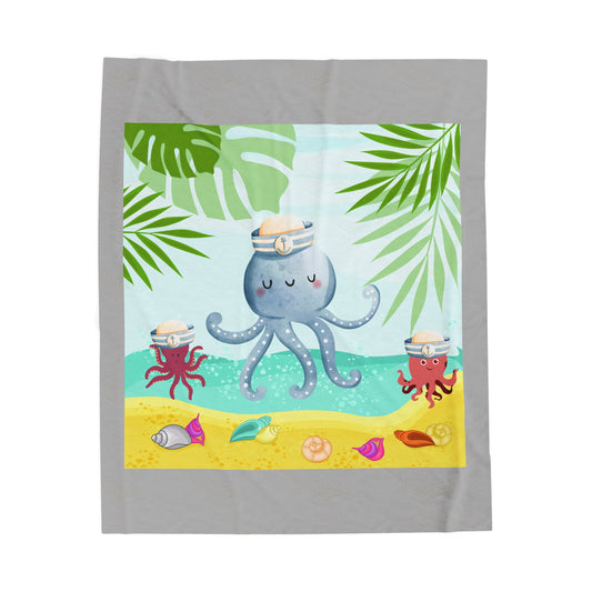 Octopus on a beach scene with tropical Velveteen Plush Blanket