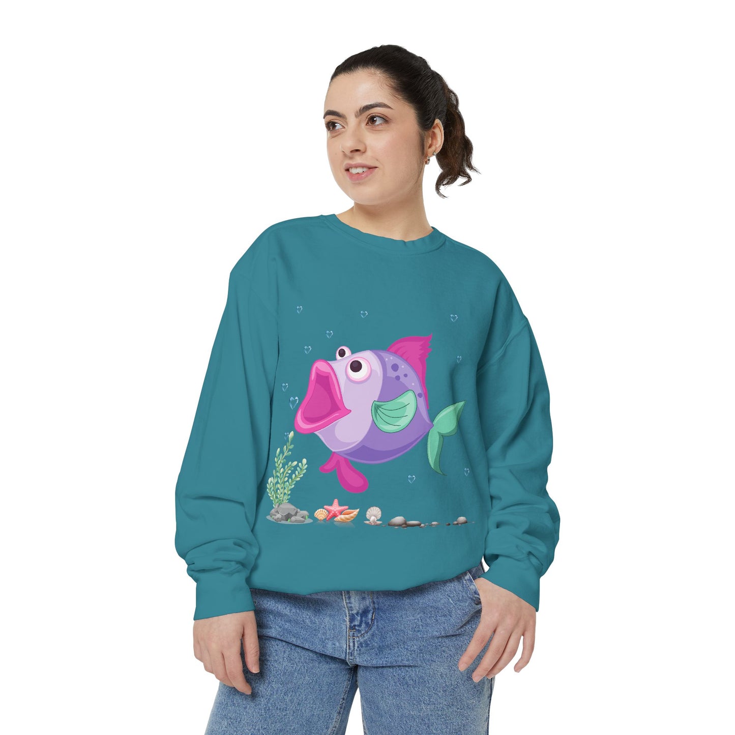 Fish with open mouth bubbles and underwater flora Unisex Garment-Dyed Sweatshirt