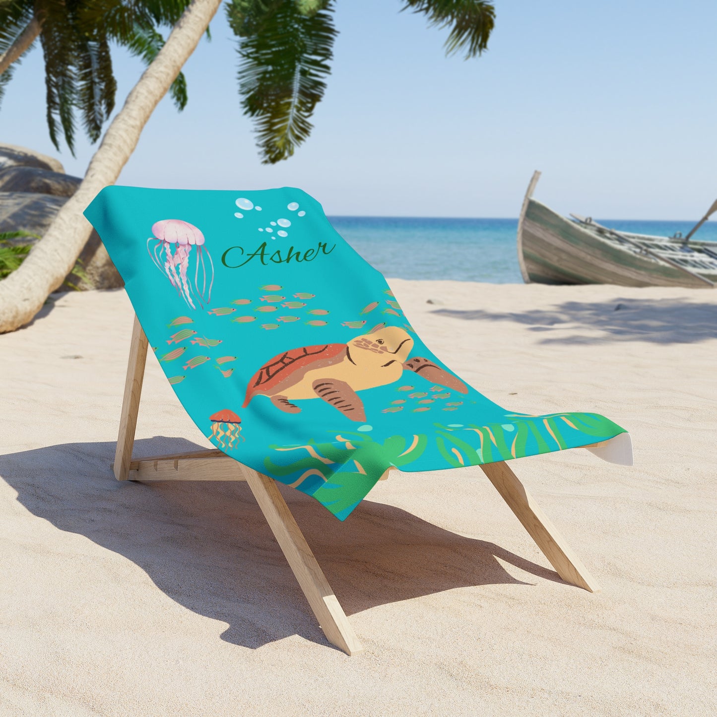 Sea Turtle Personalized Beach Towel — Custom Name Jellyfish Ocean Design