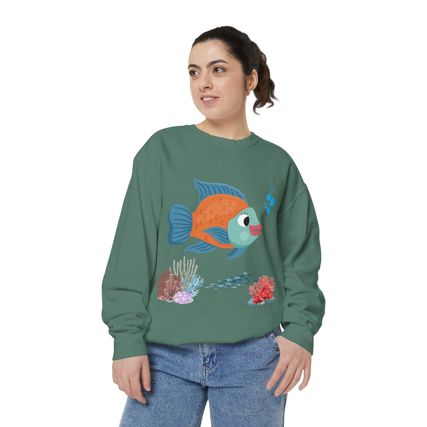 Orange and blue fish with coral and bubble Unisex Garment-Dyed Sweatshirt