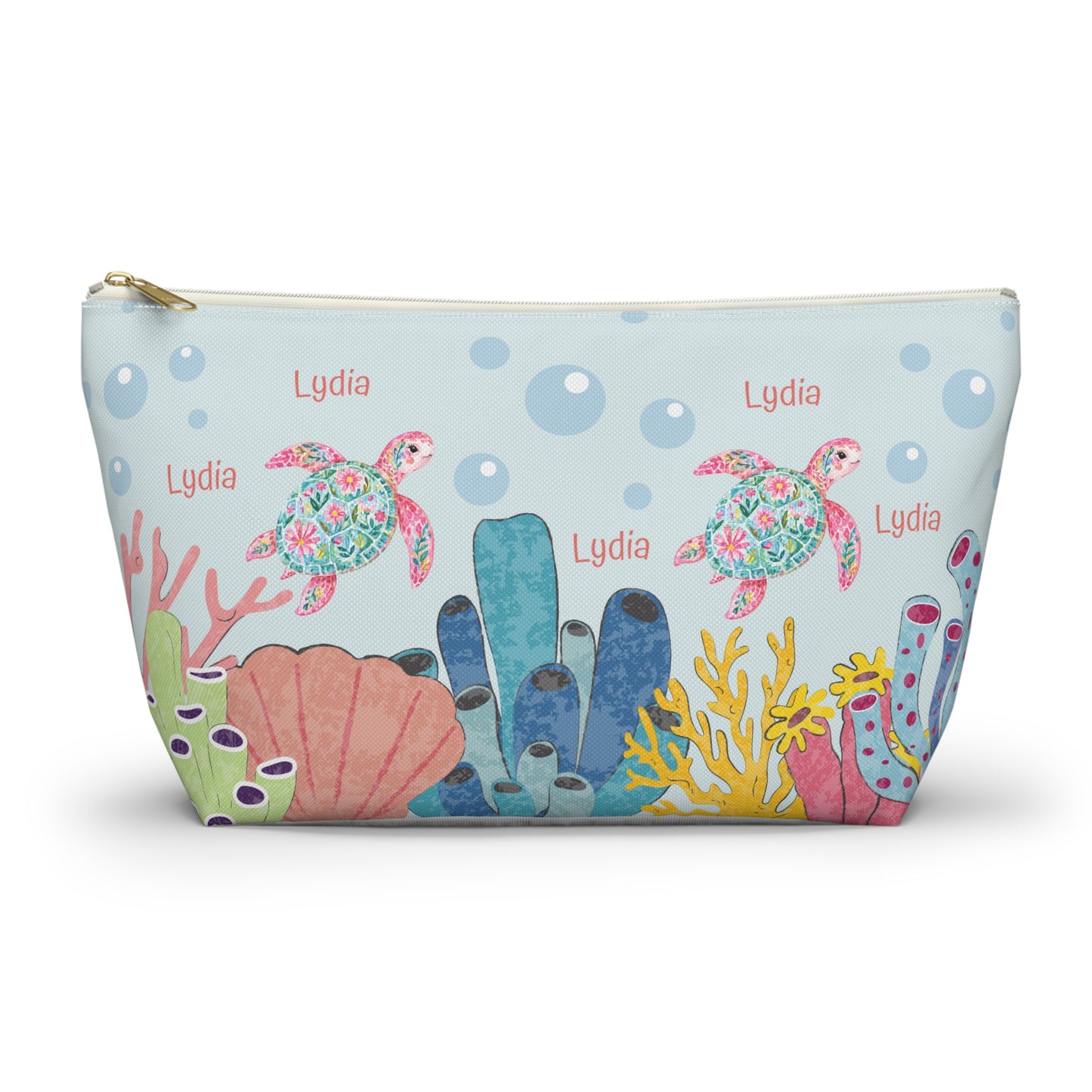Personalized Sea Turtle Makeup Bag — Floral Turtle Cosmetic Pouch