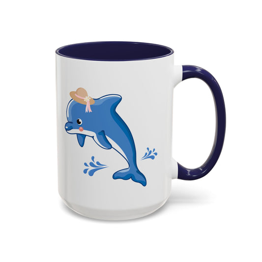 Dolphin wearing a straw hat with stylized water splashes Coffee Mug