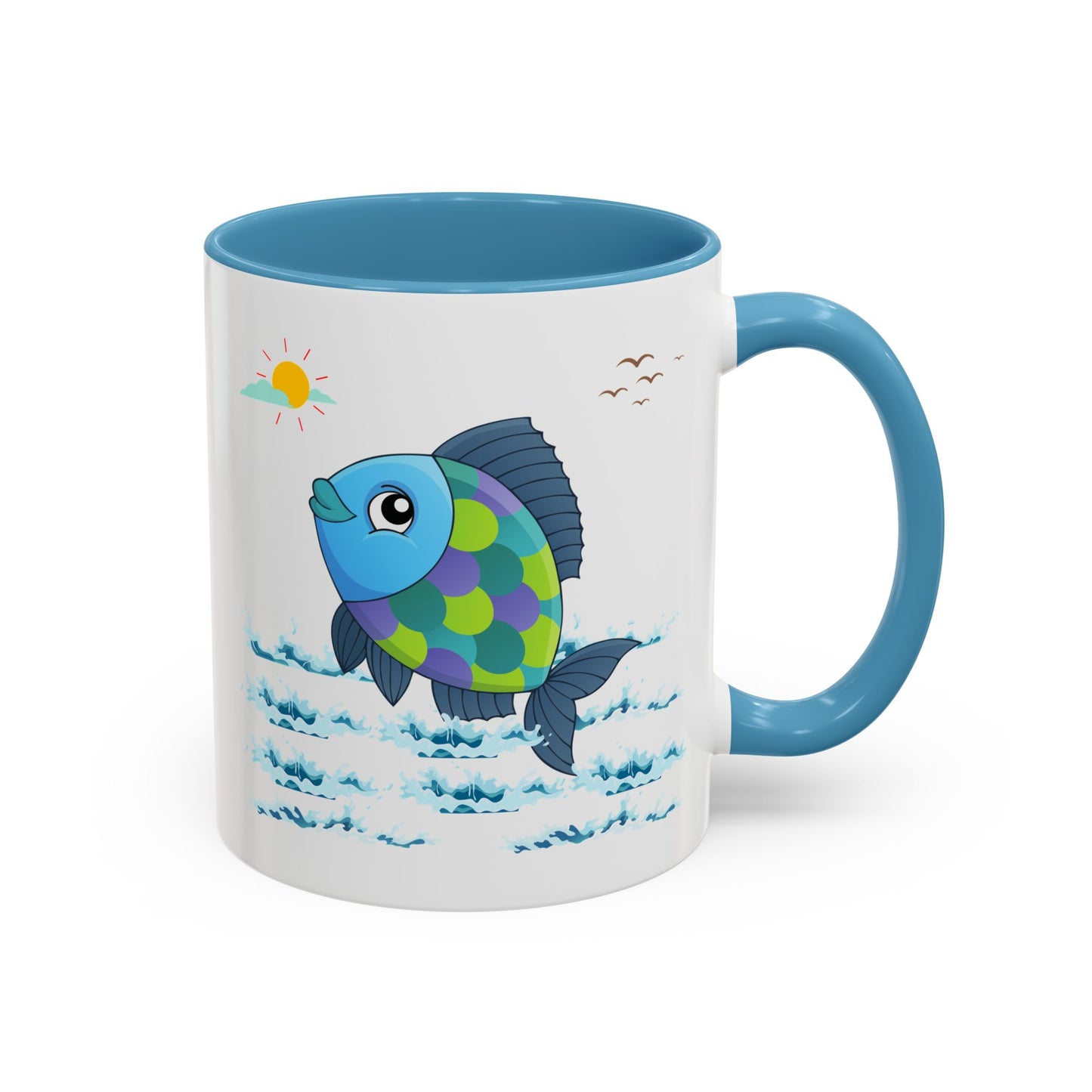 Fish with a sun and birds in the sky above water Coffee Mug