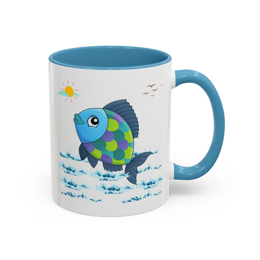 Fish with a sun and birds in the sky above water Coffee Mug