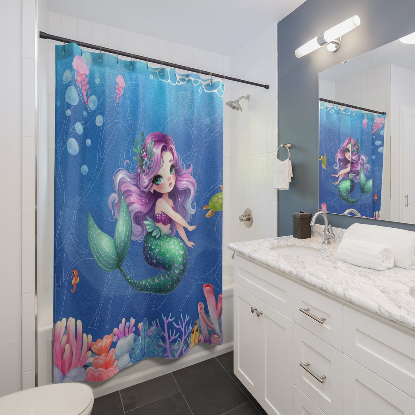 Mermaid Shower Curtain — Cute Purple-Haired Kids Ocean Bath Decor