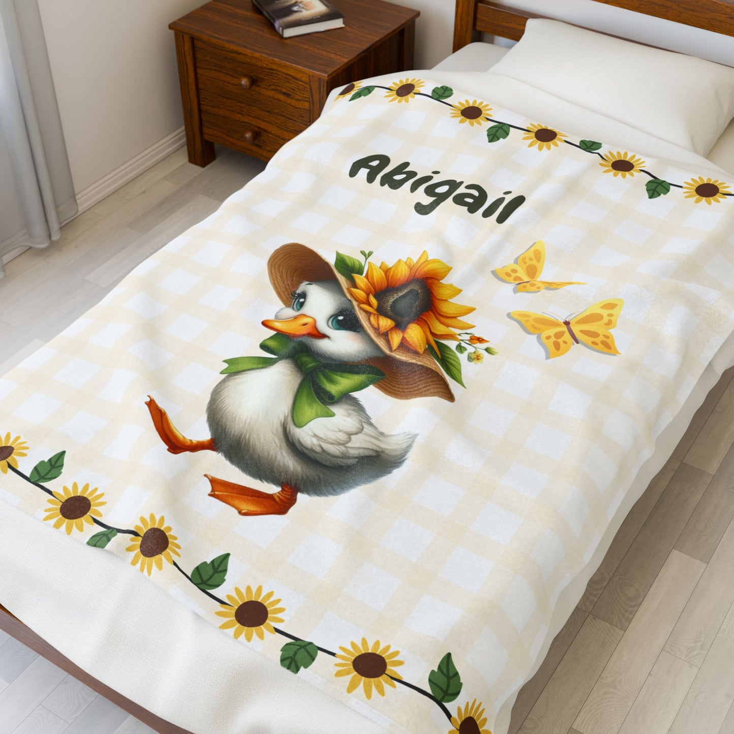 Customized Velveteen Plush Blanket with Sunflower Duck Design, Cozy Throw Blanket, Personalized Gift, Cute Nursery Decor, Baby Shower Gift