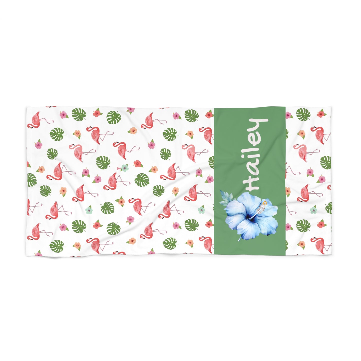 Personalized Flamingo Beach Towel — Tropical Hibiscus Name Towel