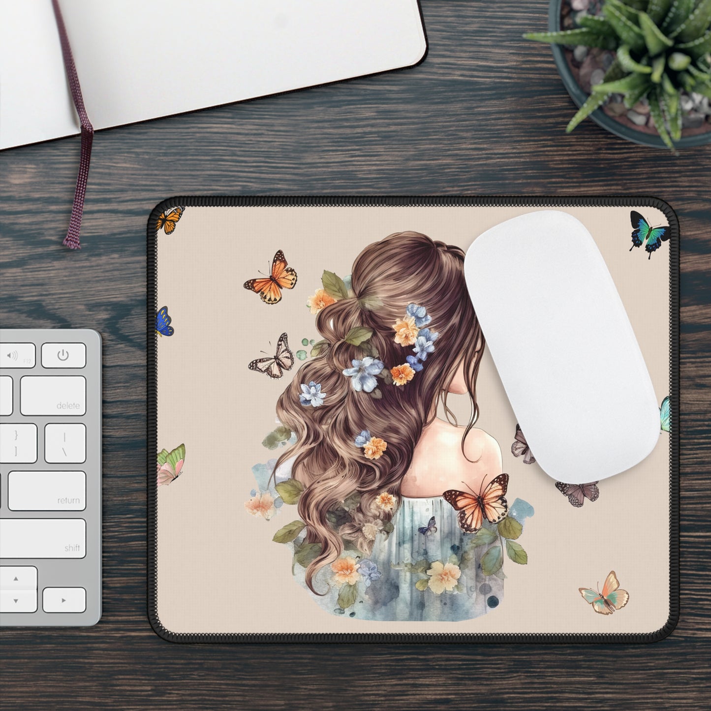 Butterfly Girl Gaming Mouse Pad — Floral Backview Design for Gamers & Desk Decor