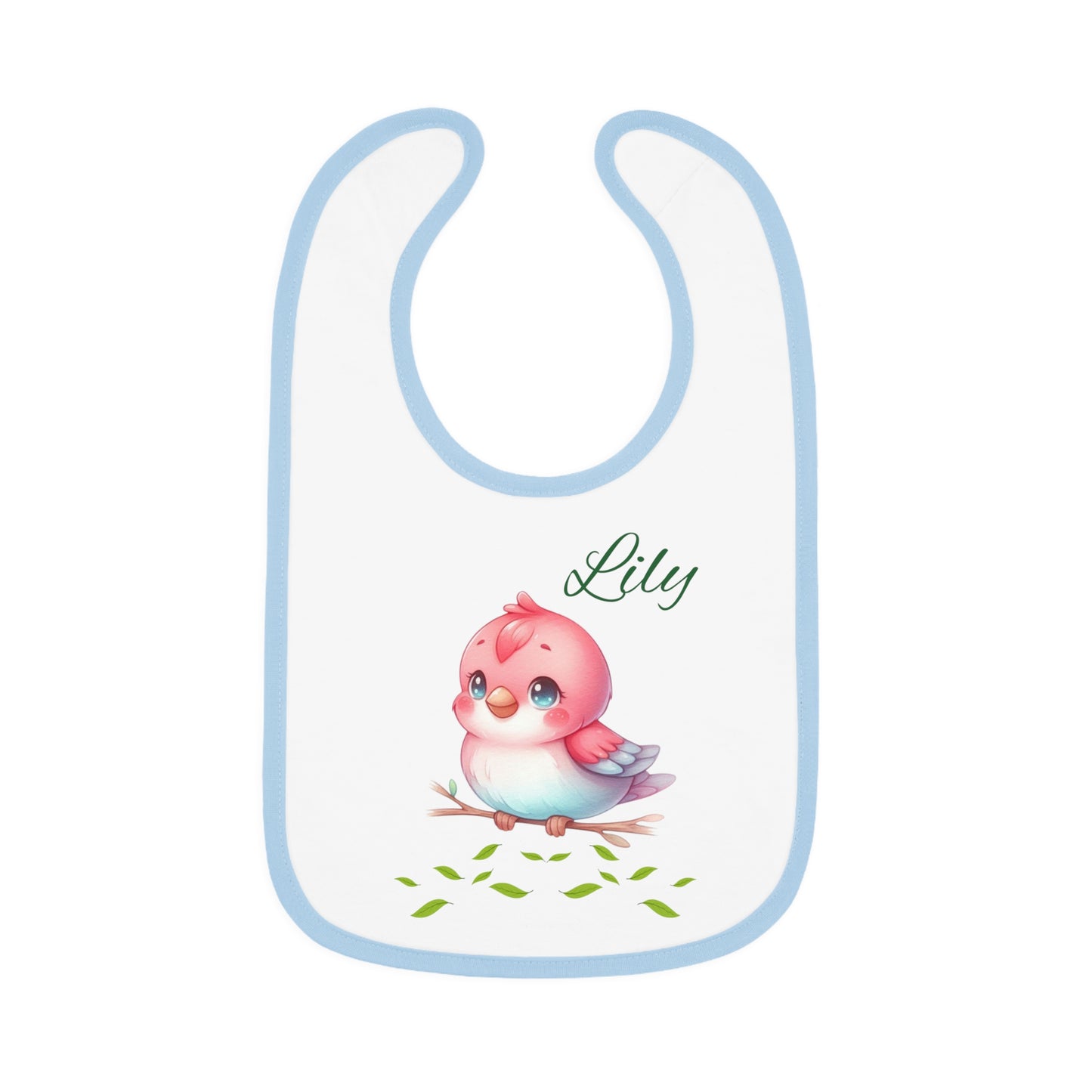 Personalized Baby Bib — Cute Pink Bird with Name (Lily) | Contrast Trim Jersey Bib