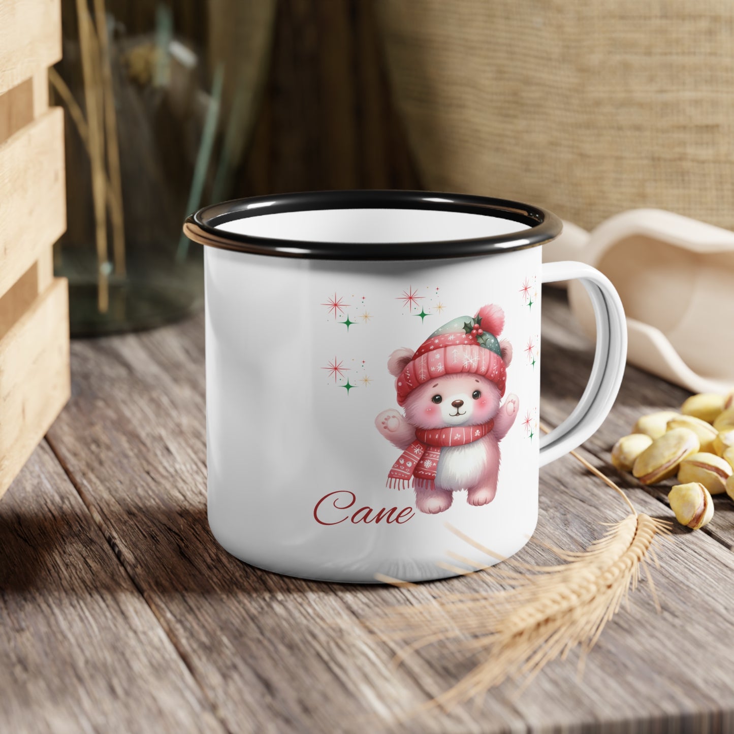 Cute Holiday Bear Enamel Camp Cup — 'Cane' Winter Mug for Camping & Gifts