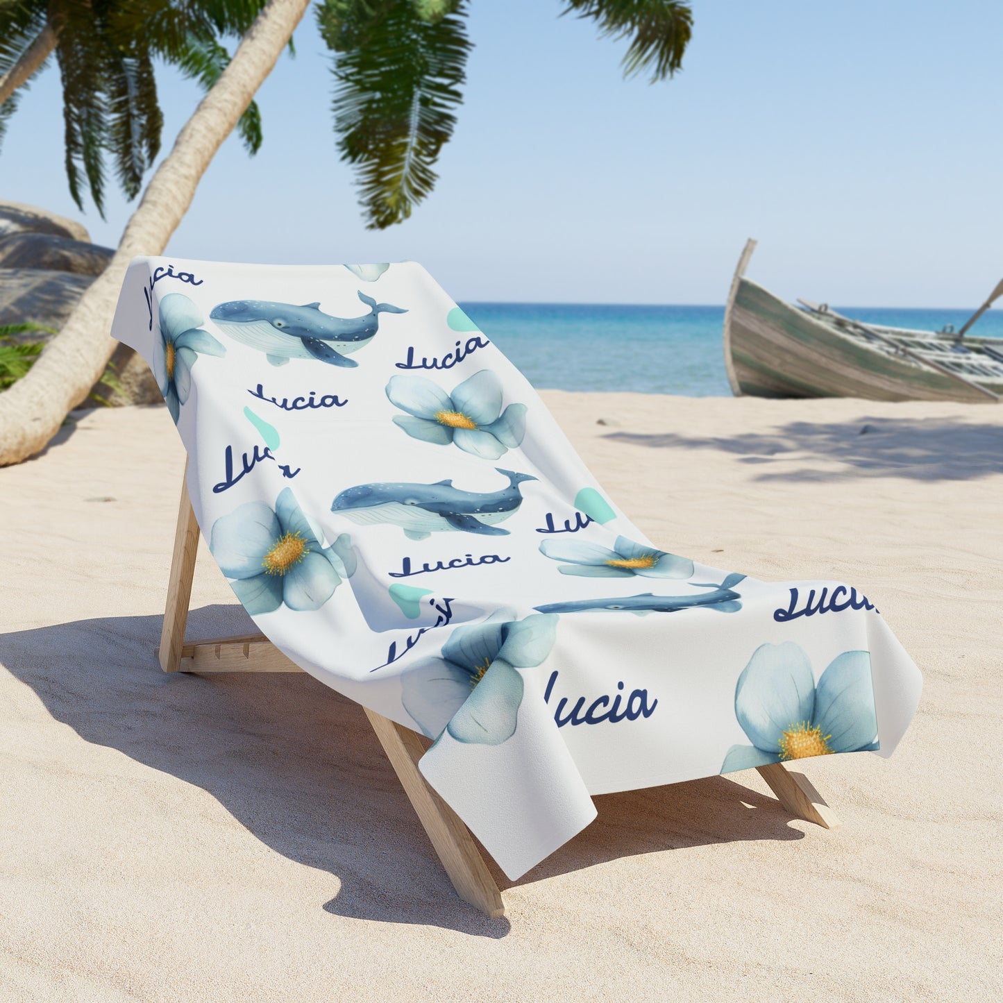 Personalized Dolphin & Plumeria Beach Towel — Custom Name Seaside Towel