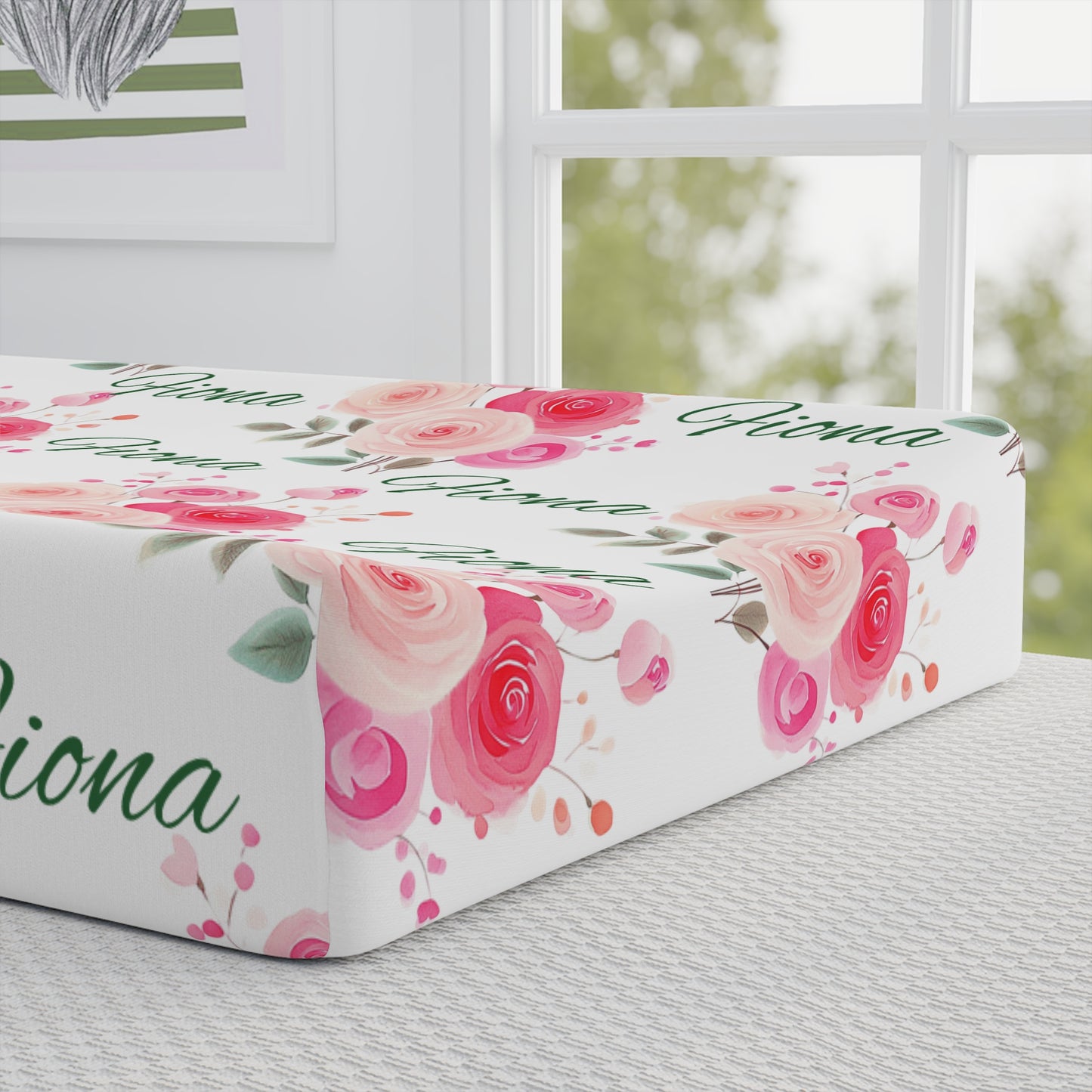 Personalized Floral Baby Changing Pad Cover – Pink Rose Name Print