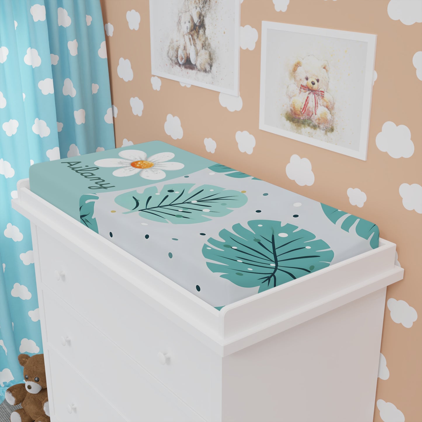 Tropical Leaves Baby Changing Pad Cover — Personalized Floral Name Option