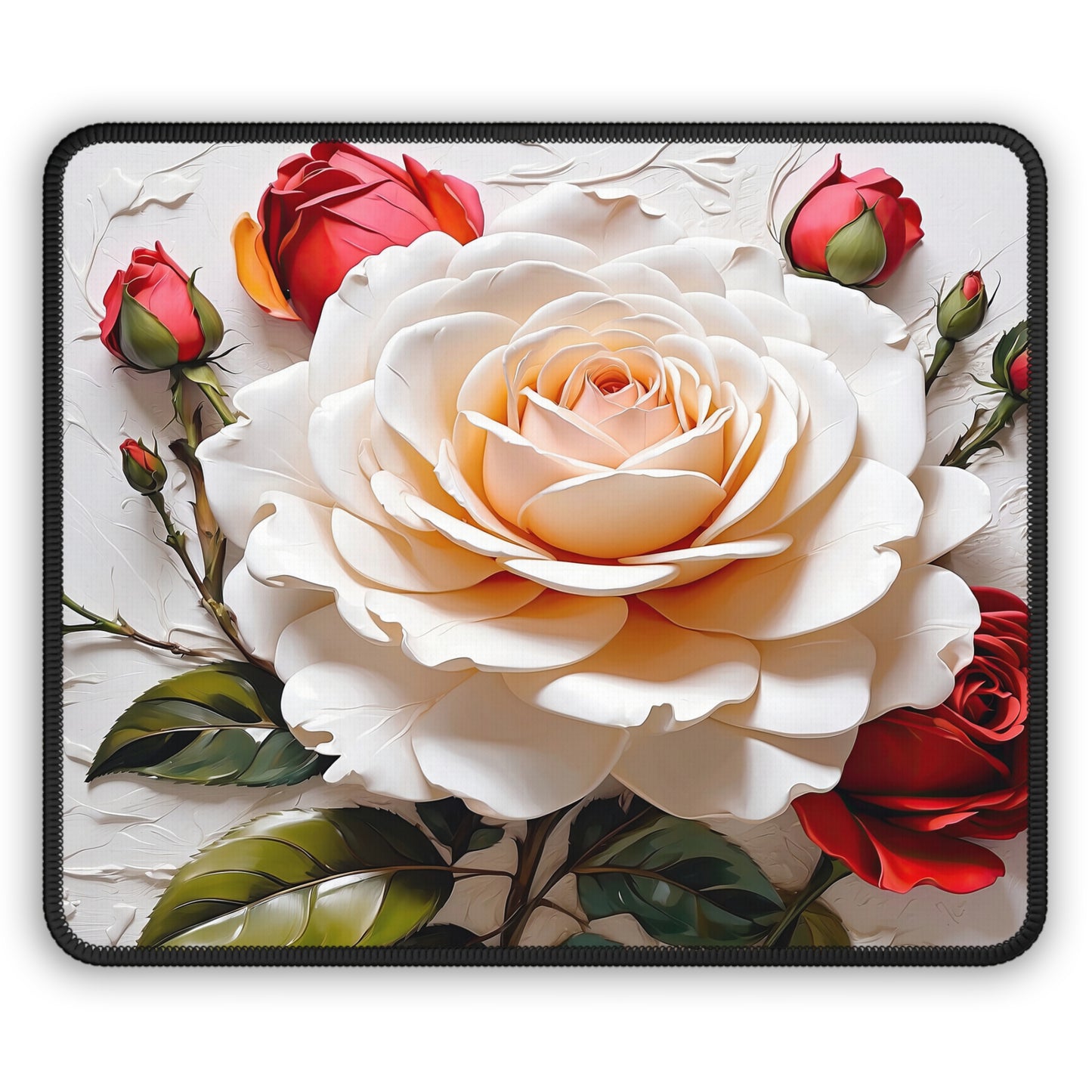 Floral Rose Gaming Mouse Pad — Elegant White & Red Rose Desk Mat