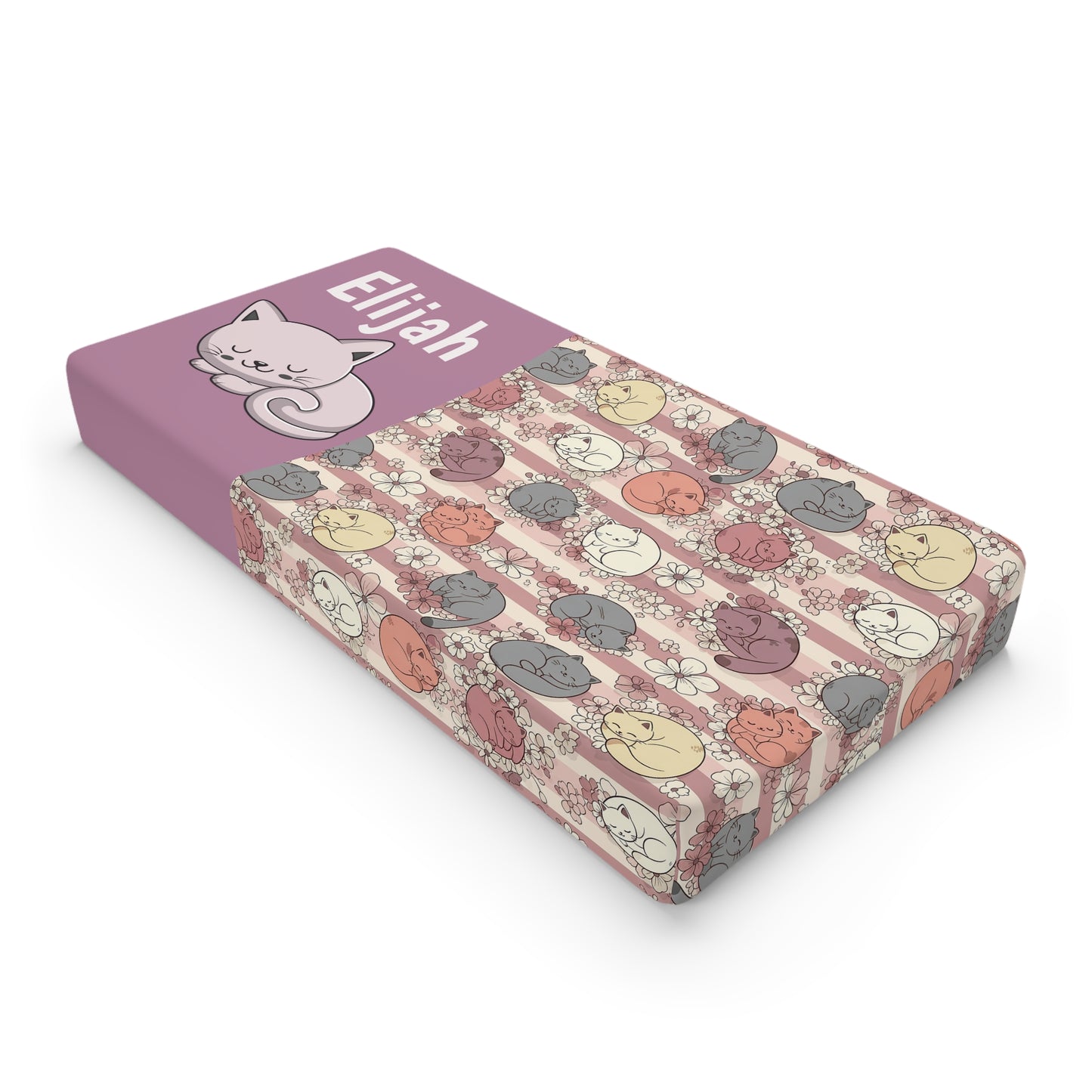 Personalized Cat Baby Changing Pad Cover – Floral Sleeping Kittens, Custom Name Option