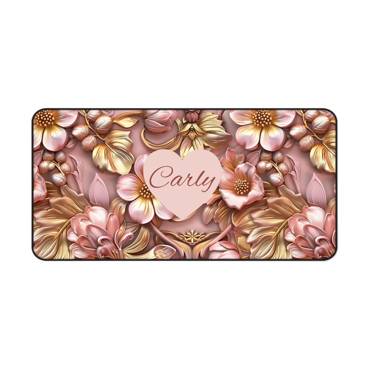 Personalized Floral Desk Mat — Rose Gold Heart Name Desk Pad